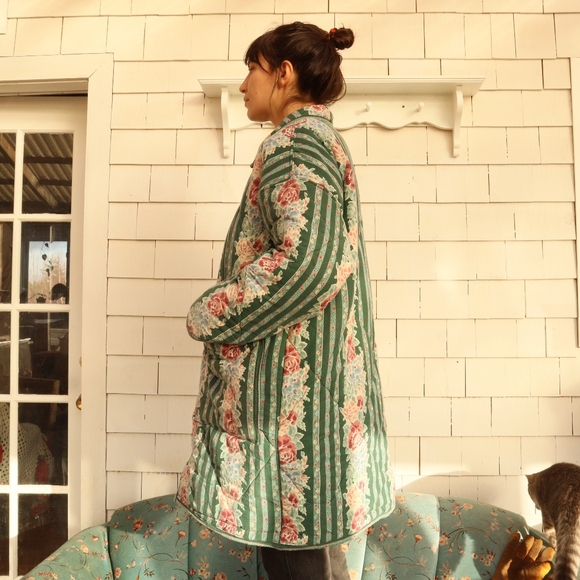 Upcycled Floral Green Quilted Women's Chore Coat Vintage L • XL - Picture 6 of 12